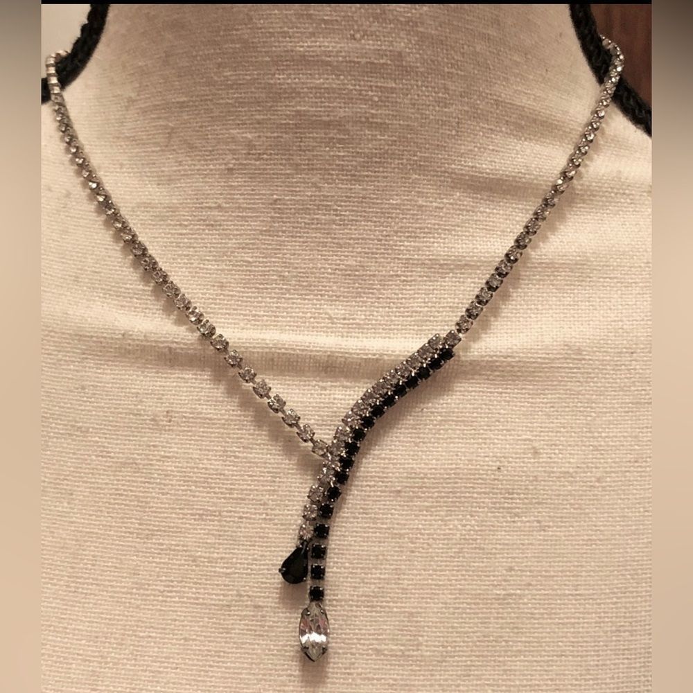 Necklace, faceted crystal tennis 16” + 1” dangle